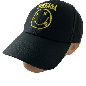 Nirvana Black Baseball Hat Embroidered Yellow Smile Face Logo Adjustable Cap